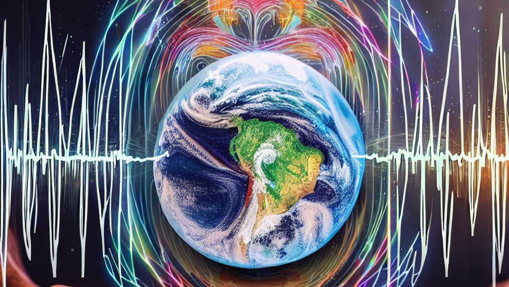 Bing AI Image created by Marnie Pehrson Kuhns with the prompt: Create a piece of art that depicts how the magnetic resonances of the earth sync up with the human heart rhythms and creates a global field that connects all living things with the earth.