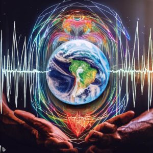 Bing AI image created by Marnie Pehrson Kuhns with this prompt: Create a piece of art that depicts how the magnetic resonances of the earth sync up with the human heart rhythms and creates a global field that connects all living things with the earth.