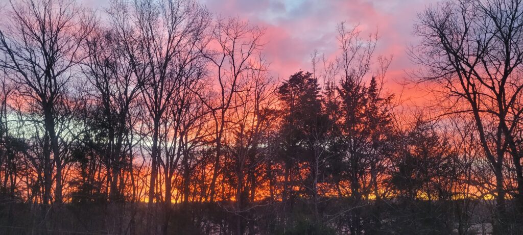 Feeling the spiritual roots of Nature: Red sky at night Spring sunset at Spirit Tree Farms